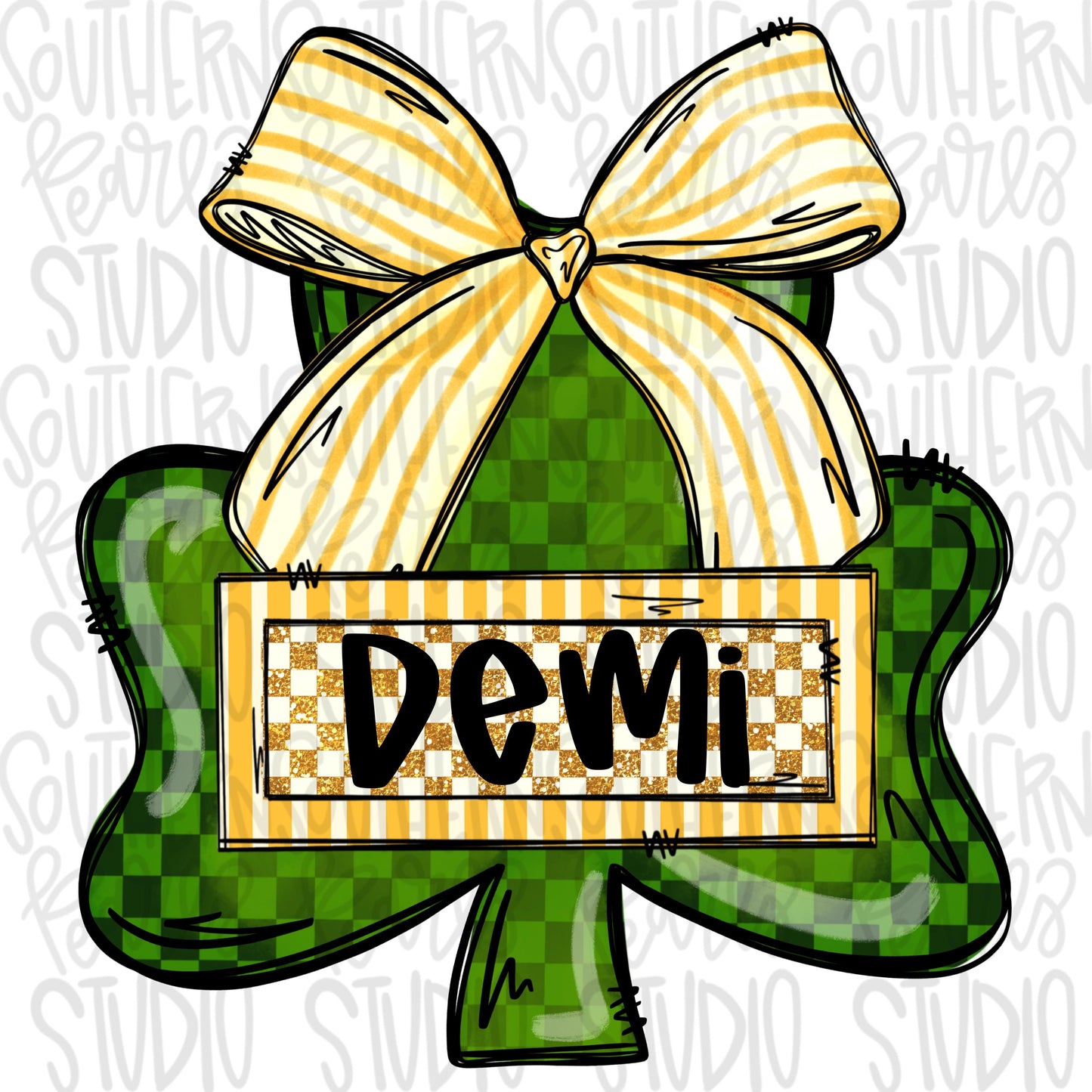 St Patrick’s clover wearing a bow with name patch | Sublimation Design | Digital Download | Women’s, Kids Shirt PNG