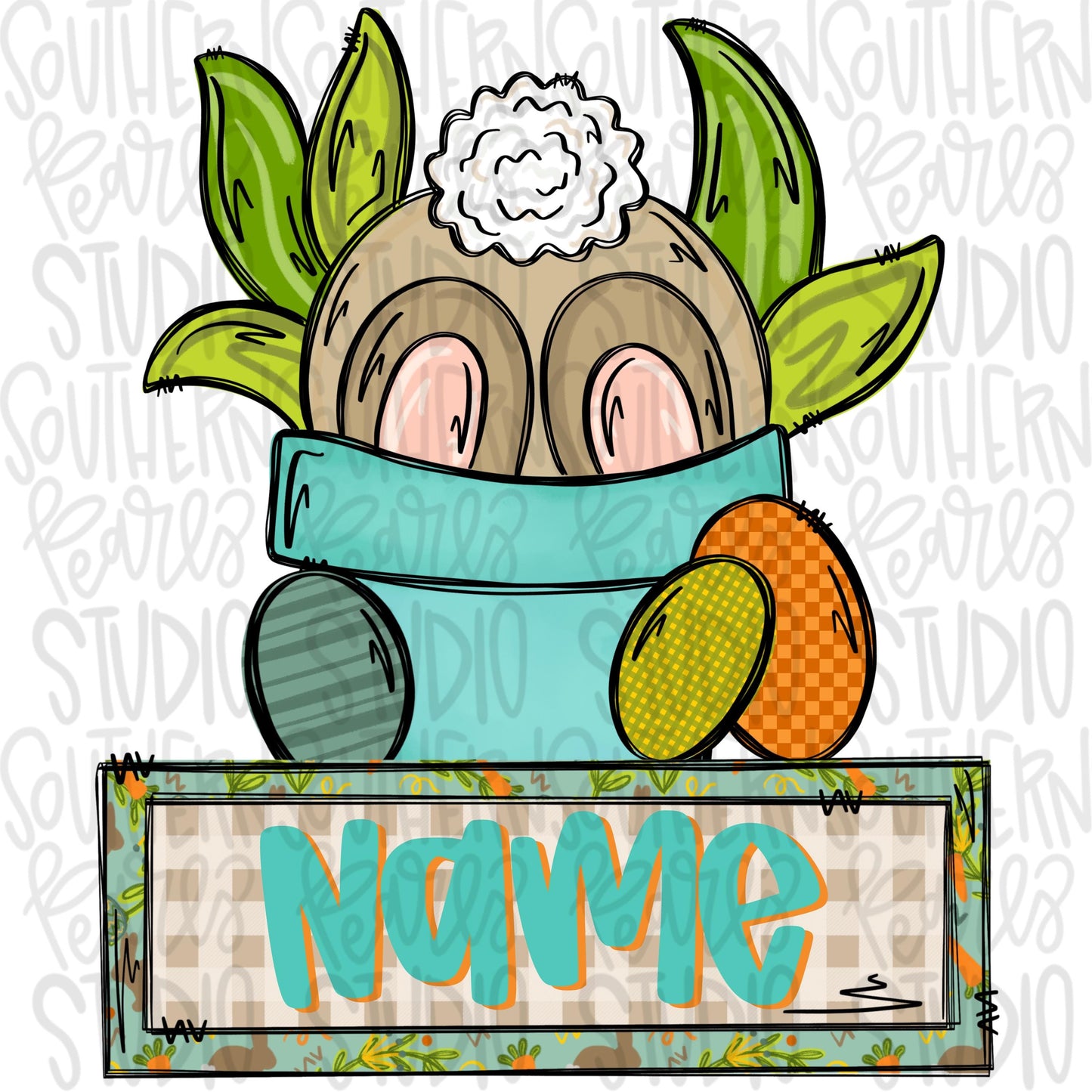 Bunny in flower pot with name patch boy colors | Sublimation Design | Digital Download | Women’s, Kids Shirt PNG