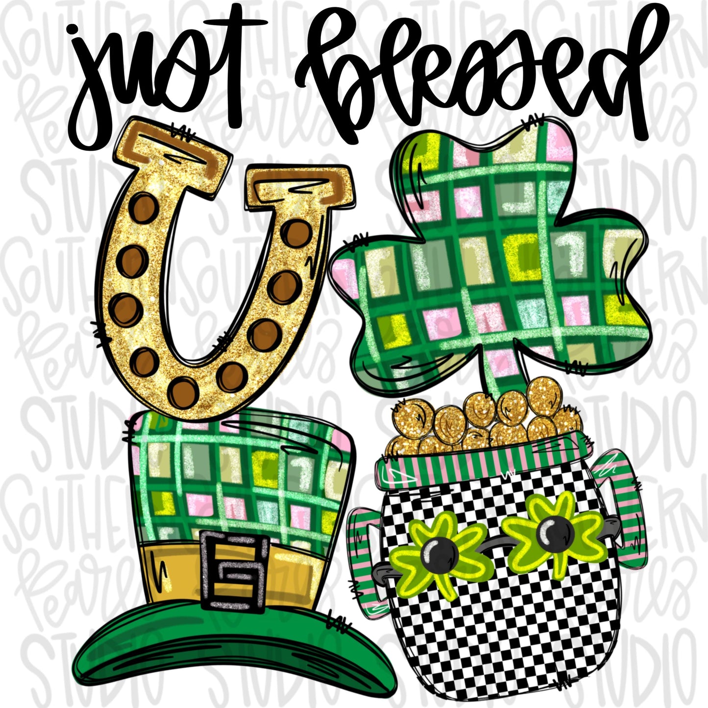 Just blessed | St Patrick’s clover hat pot of gold horseshoe | Sublimation Design | Digital Download | Women’s, Kids Shirt PNG