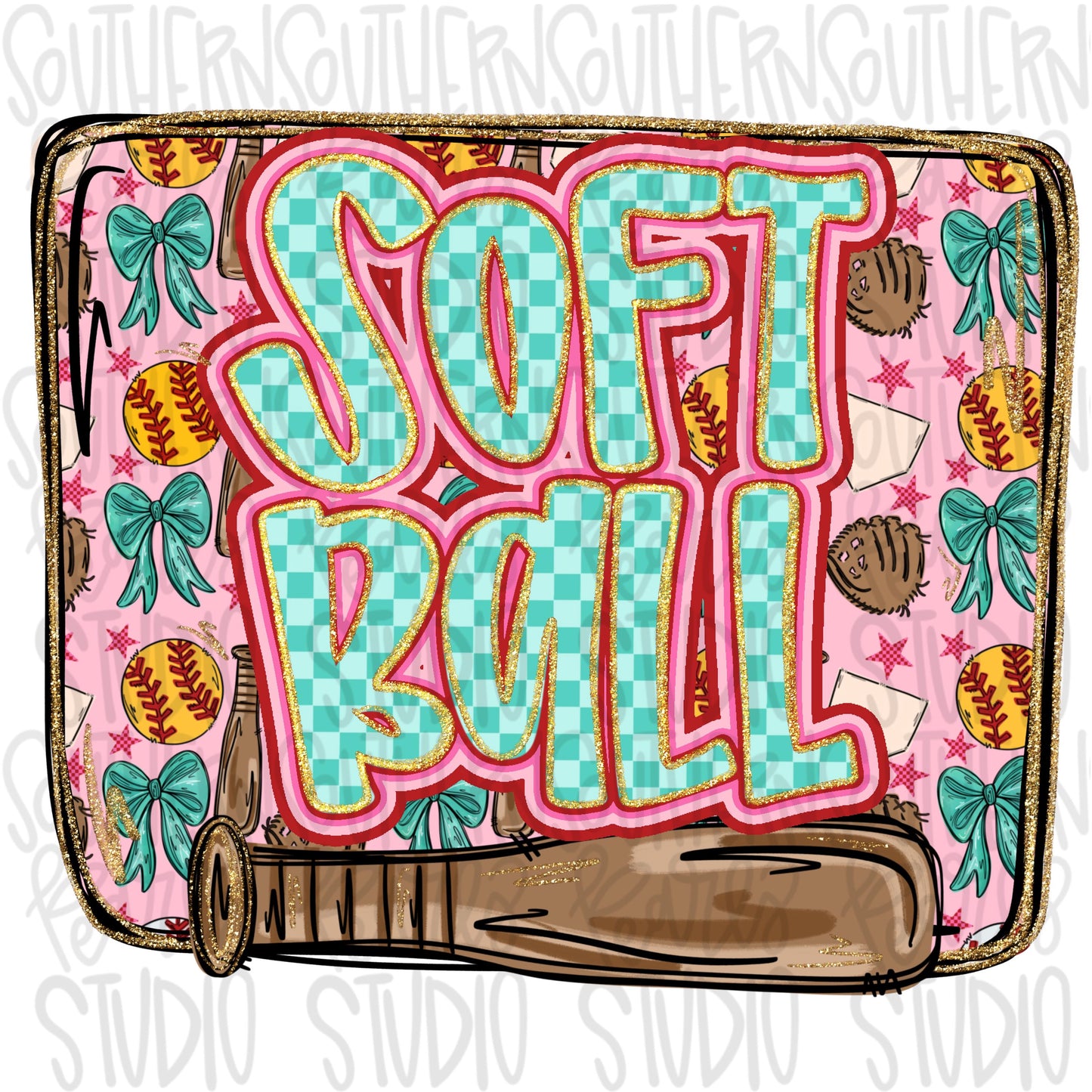 Softball | handwritten inside square frame with bright colors | Go Team | PNG | Sublimation | Design Download