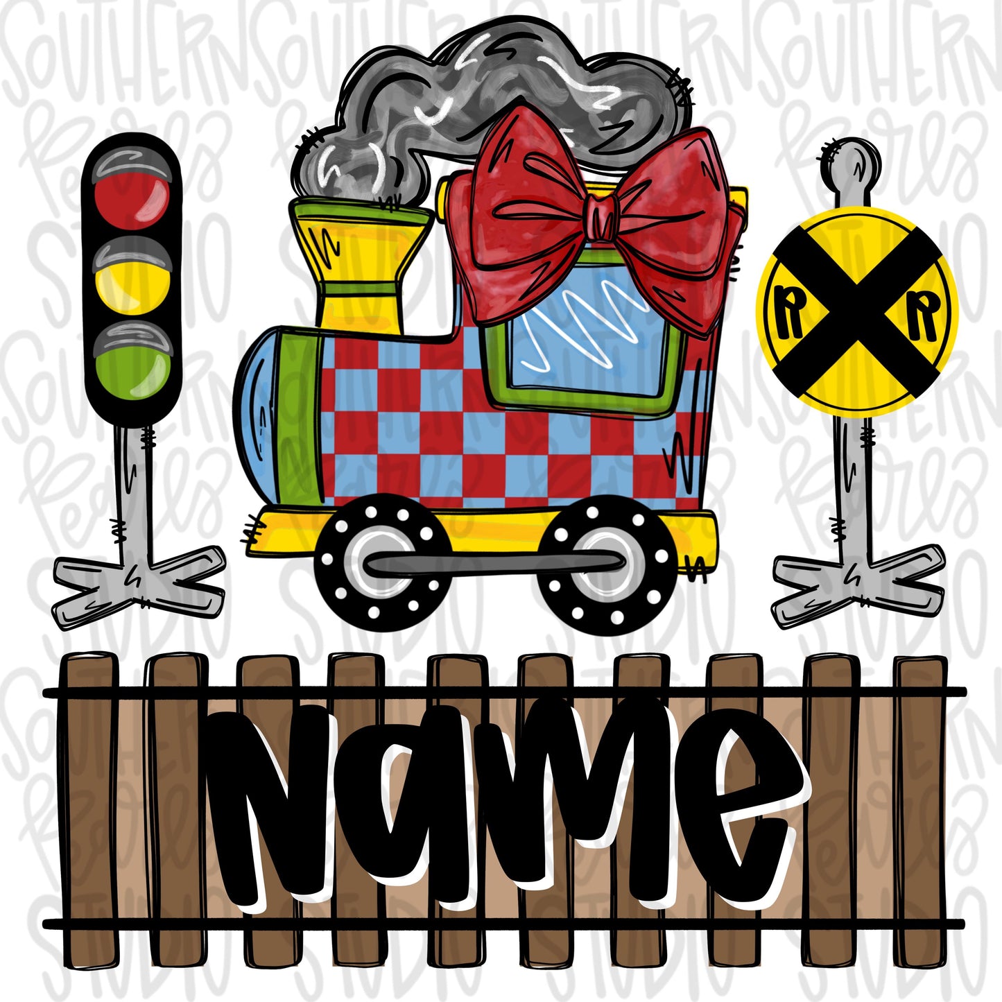 Railroad train trio design with bow and name plate | Sublimation Design | Digital Download | Women’s, Kids Shirt PNG