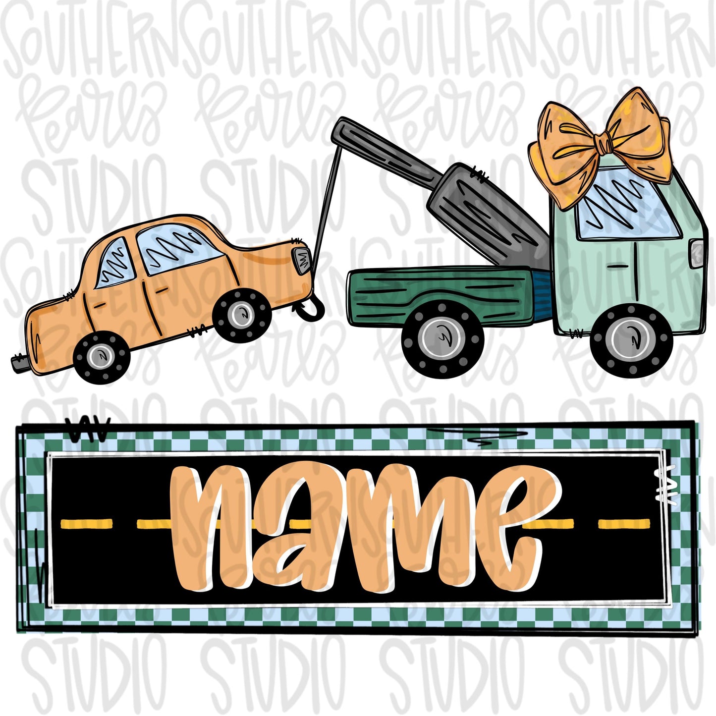 Tow truck design with bow and name plate | Sublimation Design | Digital Download | Women’s, Kids Shirt PNG
