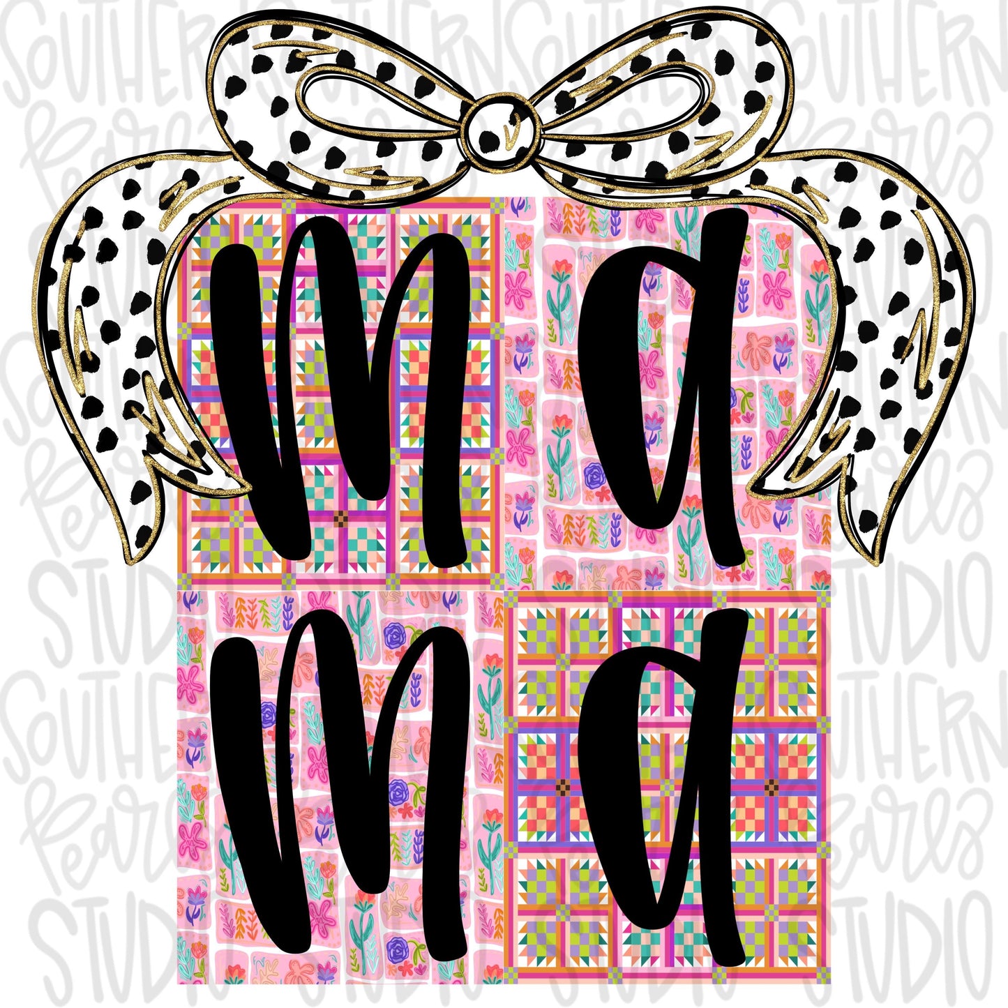 Mama quilted floral pattern blocks with bow | Sublimation Design | Digital Download | Women’s, Kids Shirt PNG
