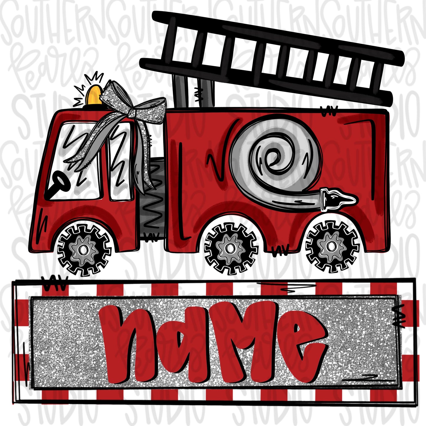 Firetruck with bow and name patch | Sublimation Design | Digital Download | Women’s, Kids Shirt PNG