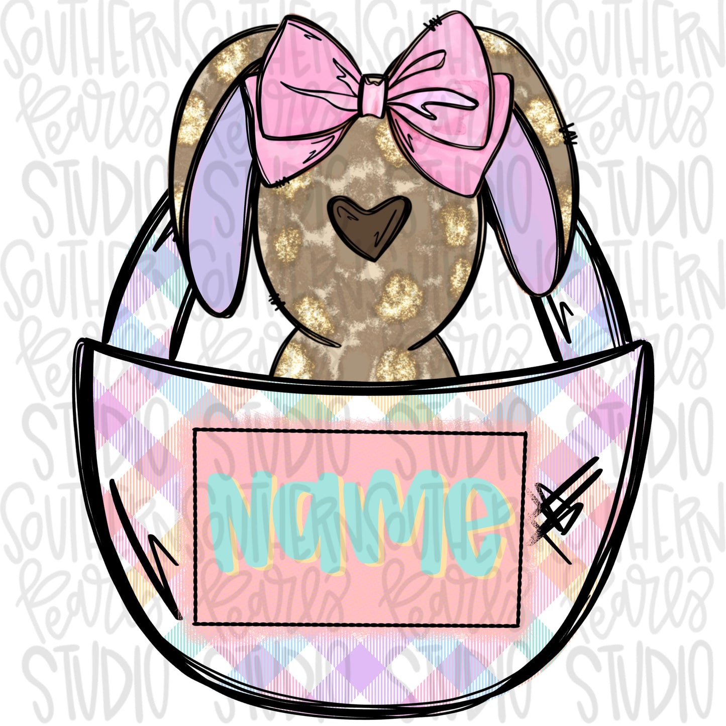 Easter Bunny in colorful basket with name patch girl | gold foil | Sublimation Design | Digital Download | Women’s, Kids Shirt PNG