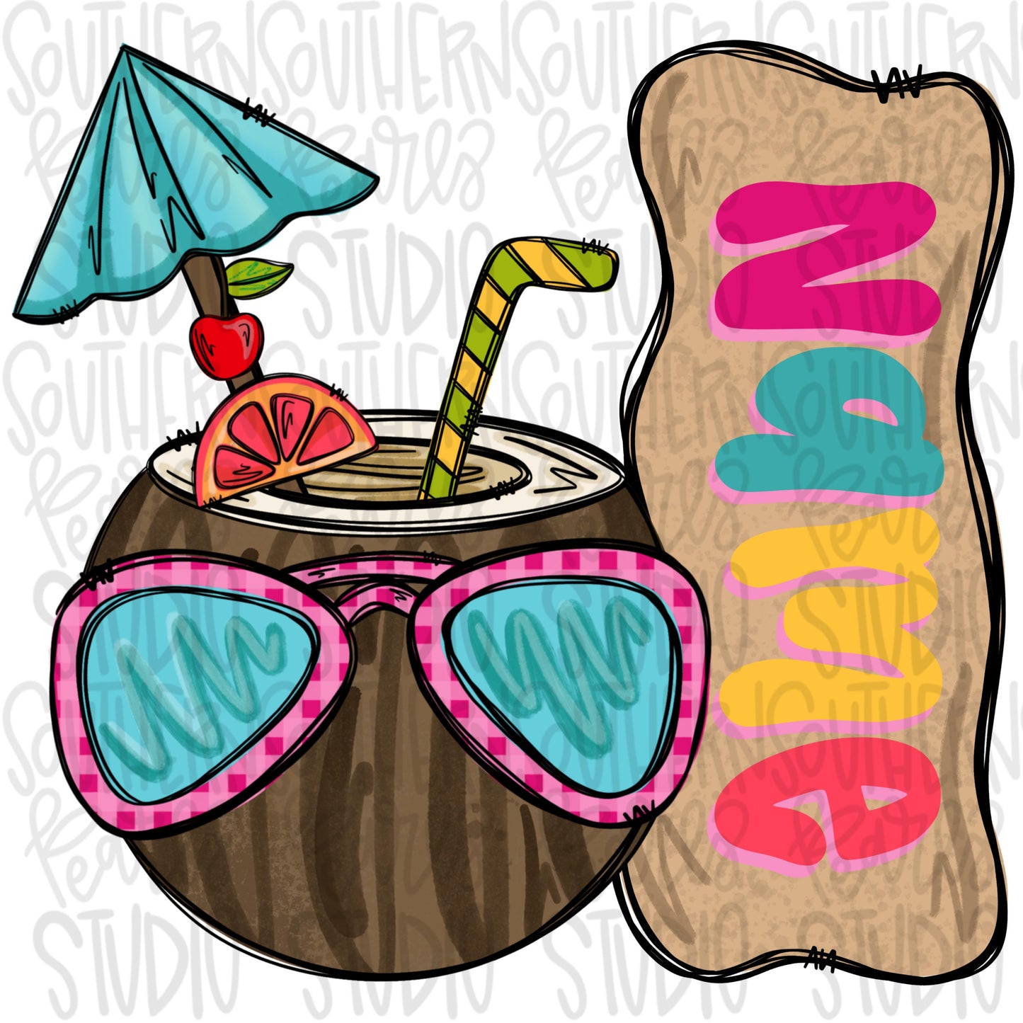 Coconut drink with sunglasses with Name Patch girl | Sublimation Design | Digital Download | Women’s, Kids Shirt PNG