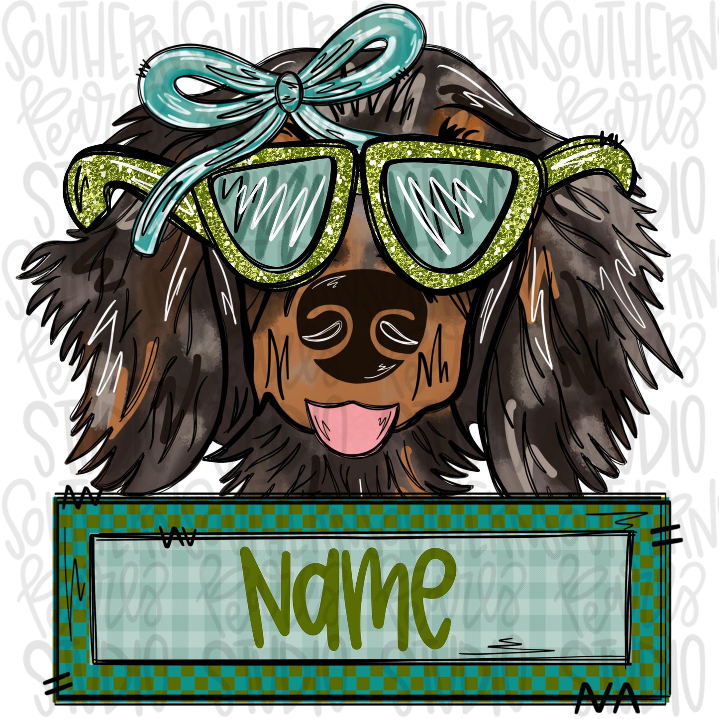 Dachshund wearing sunglasses and bow with name patch girl | Sublimation Design | Digital Download | Women’s, Kids Shirt PNG
