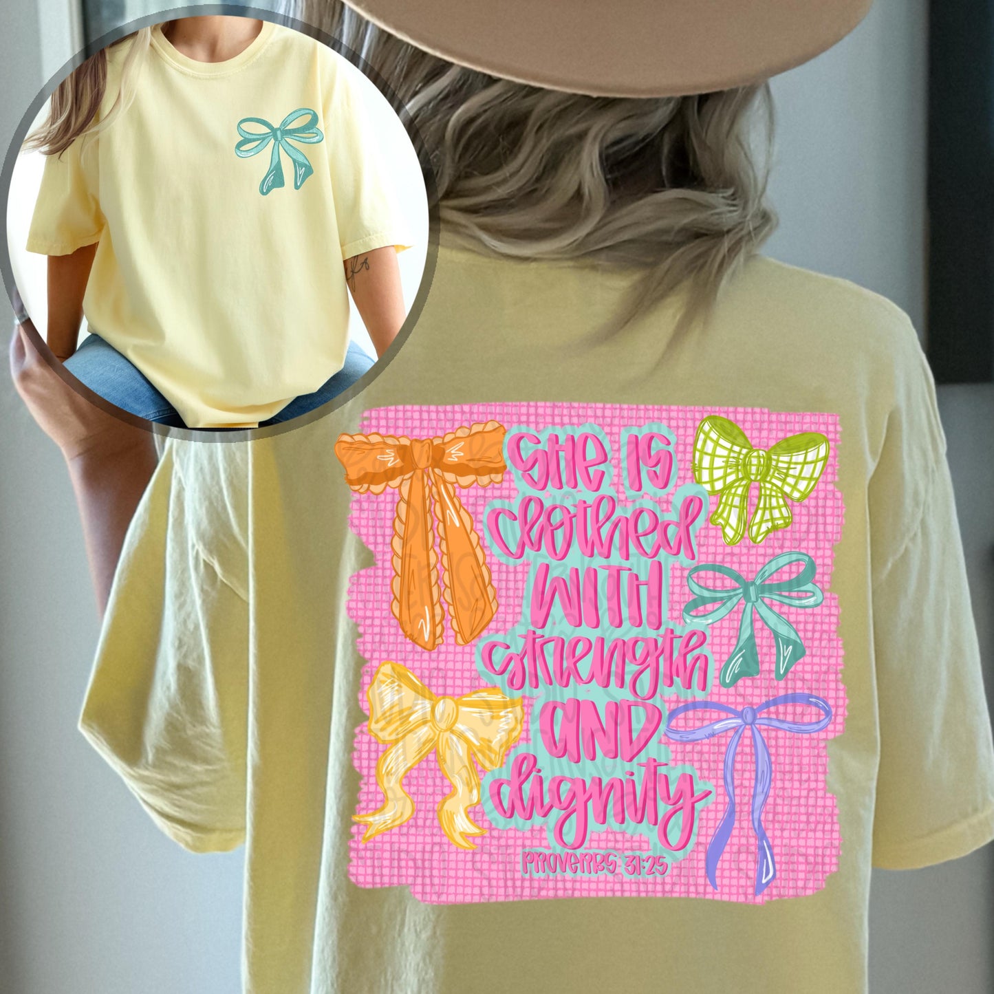 Proverbs 31 with bows | she is clothed with strength and dignity | Bible verse | Sublimation Design | Digital Download | Women’s, Kids PNG