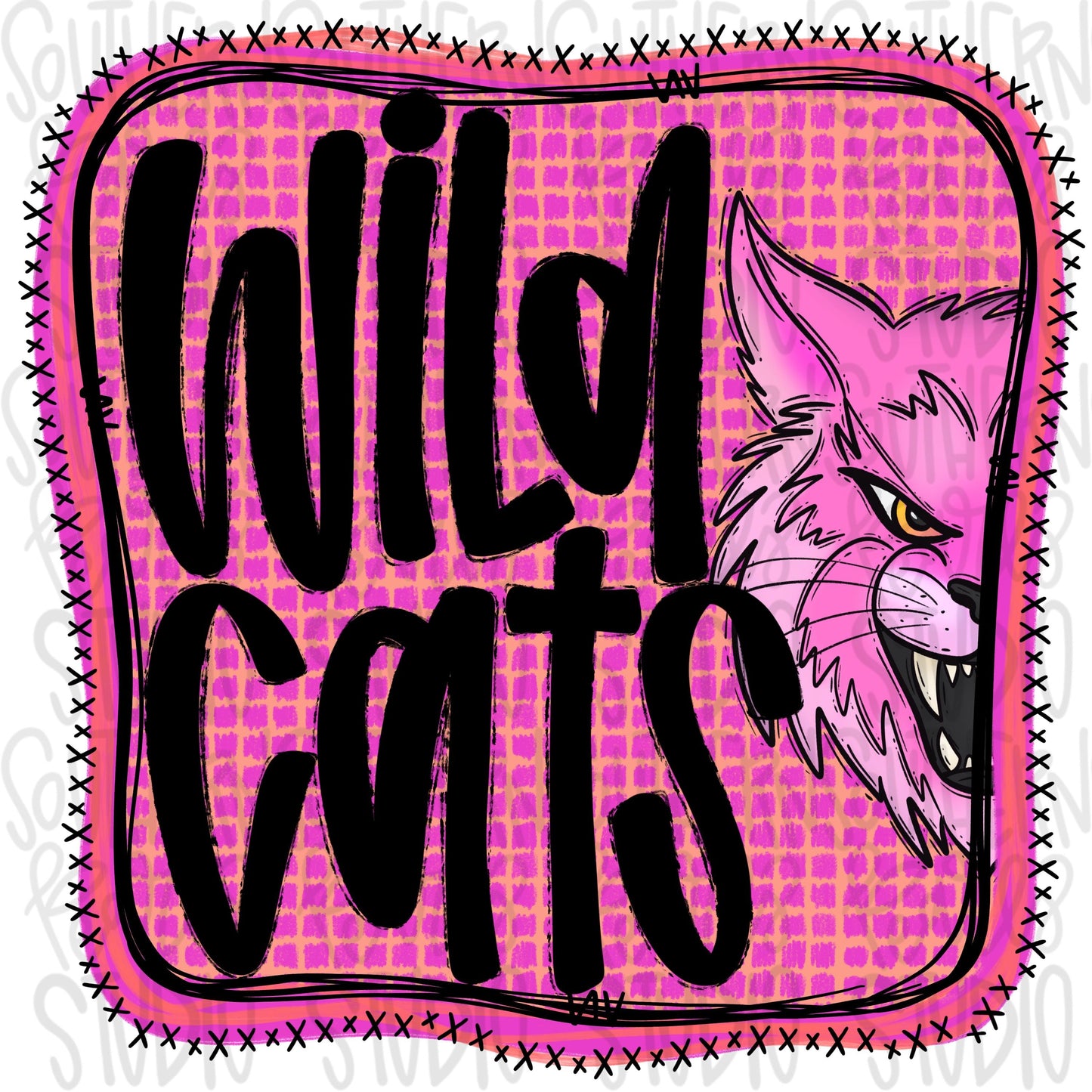 Wildcats | Neon pink Mascot in frame | front and back designs | Sublimation Design | Digital Download | Women’s, Kids Shirt PNG