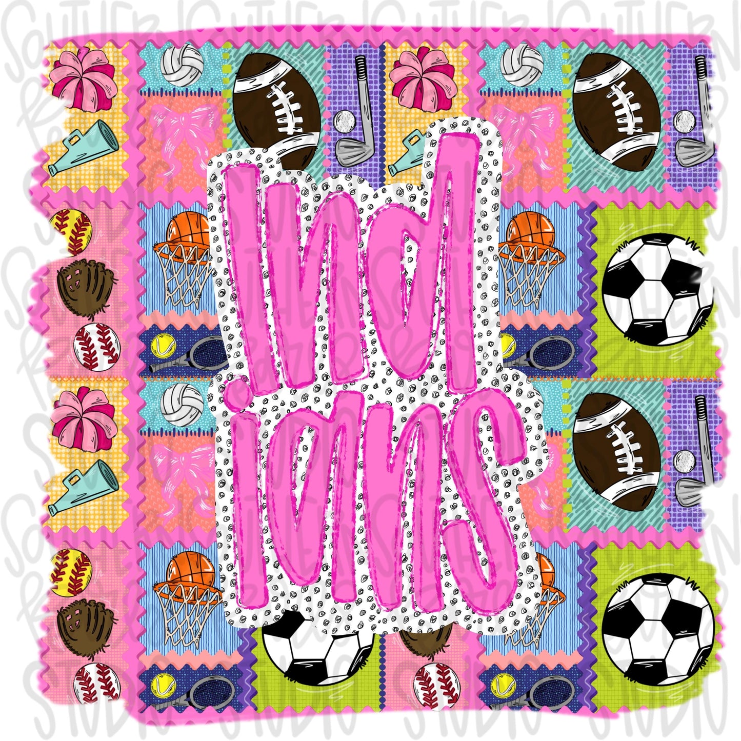 Indians | Mascot in frame | sports stamp collage | football, basketball, baseball, soccer, volleyball, tennis, cheer, golf | PNG download