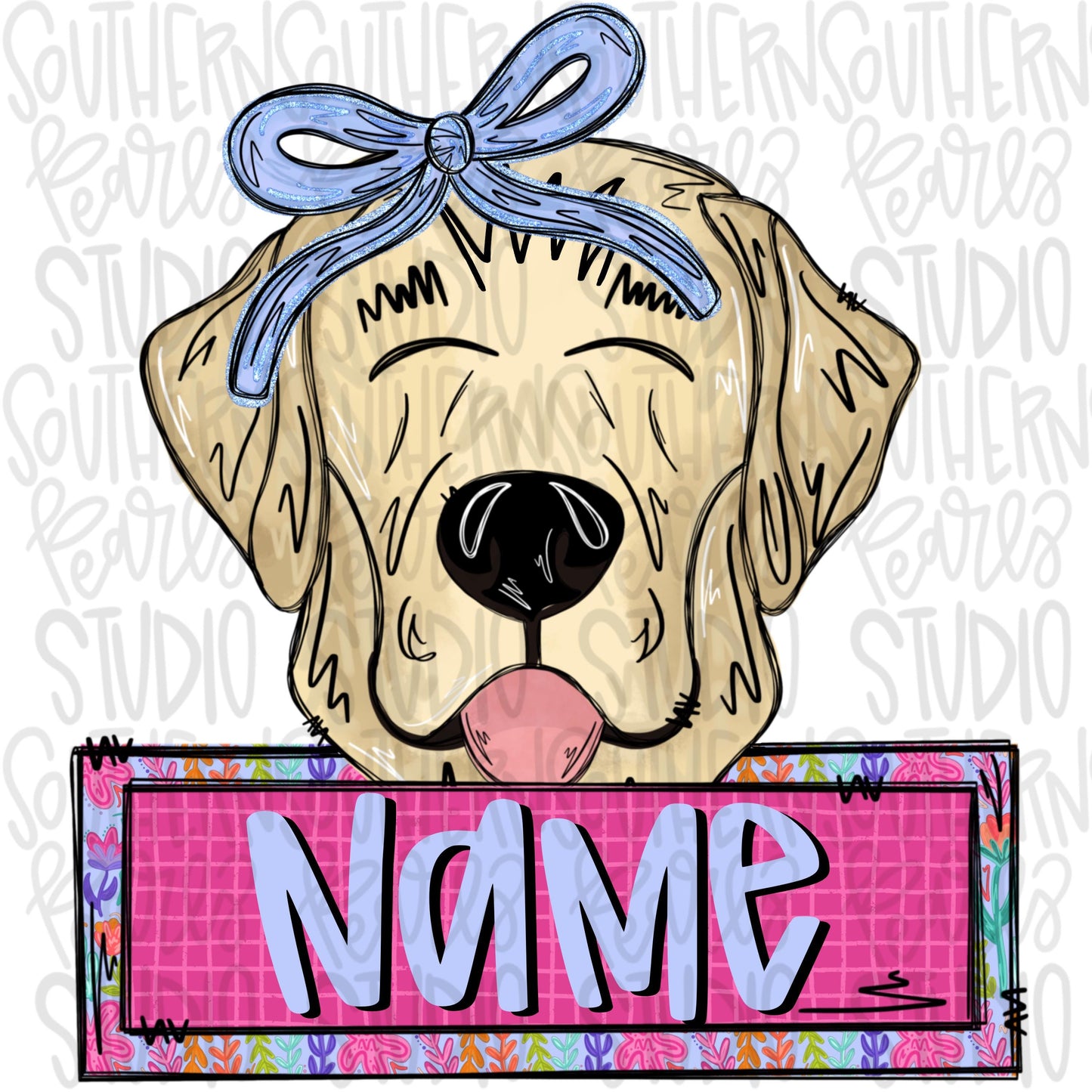 Yellow lab wearing a bow with name patch | Sublimation Design | Digital Download | Women’s, Kids Shirt PNG