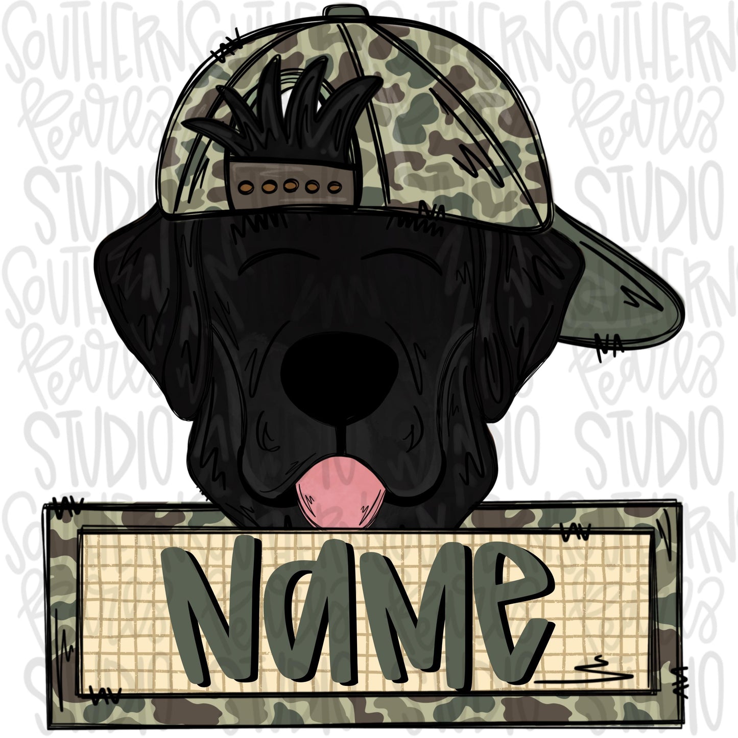 Black lab wearing camo hat with name patch | Sublimation Design | Digital Download | Women’s, Kids Shirt PNG
