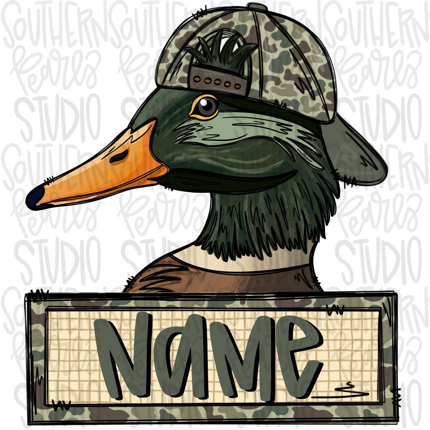 Mallard Duck wearing camo hat with name patch | Sublimation Design | Digital Download | Women’s, Kids Shirt PNG