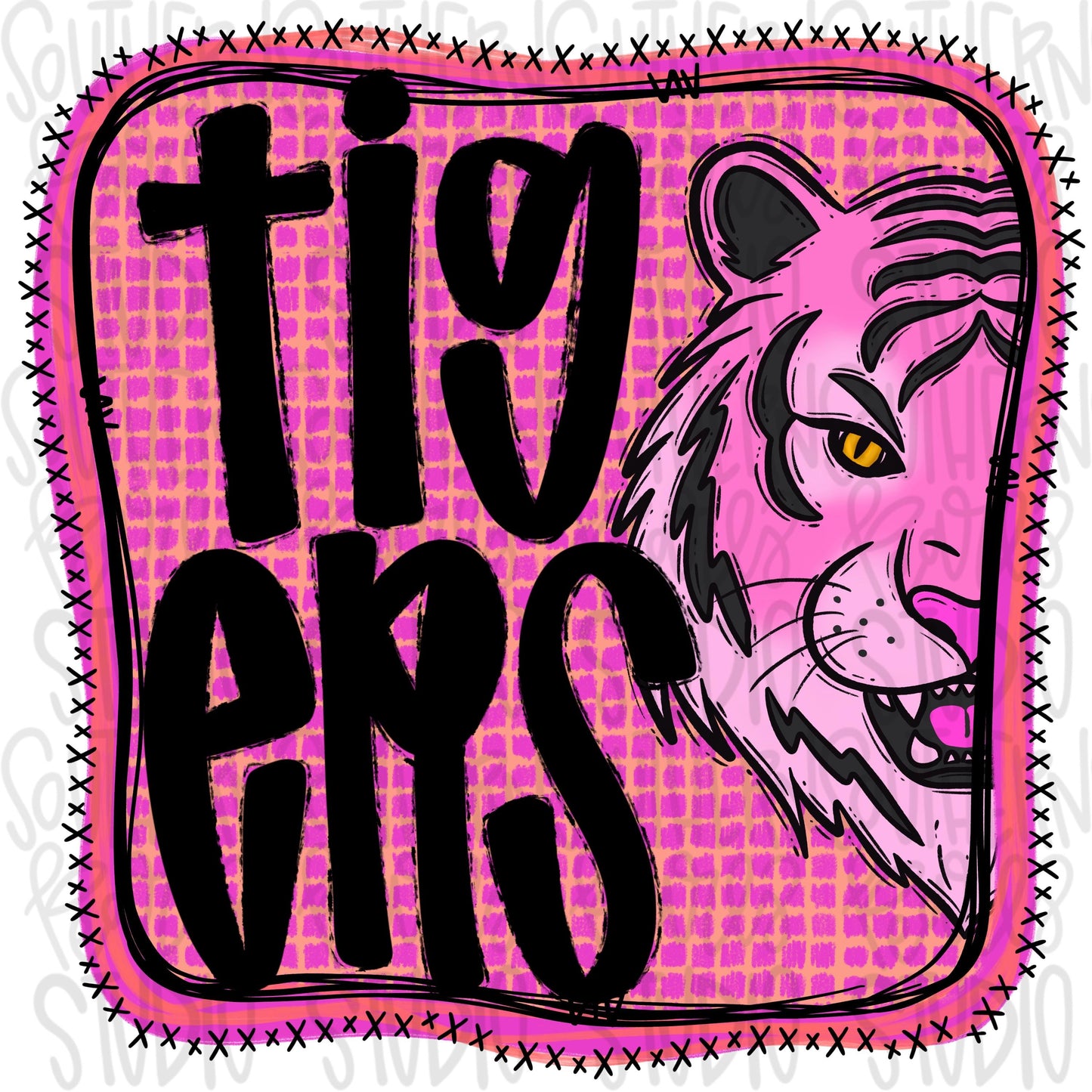 Tigers | Neon pink Mascot in frame | front and back designs | Sublimation Design | Digital Download | Women’s, Kids Shirt PNG
