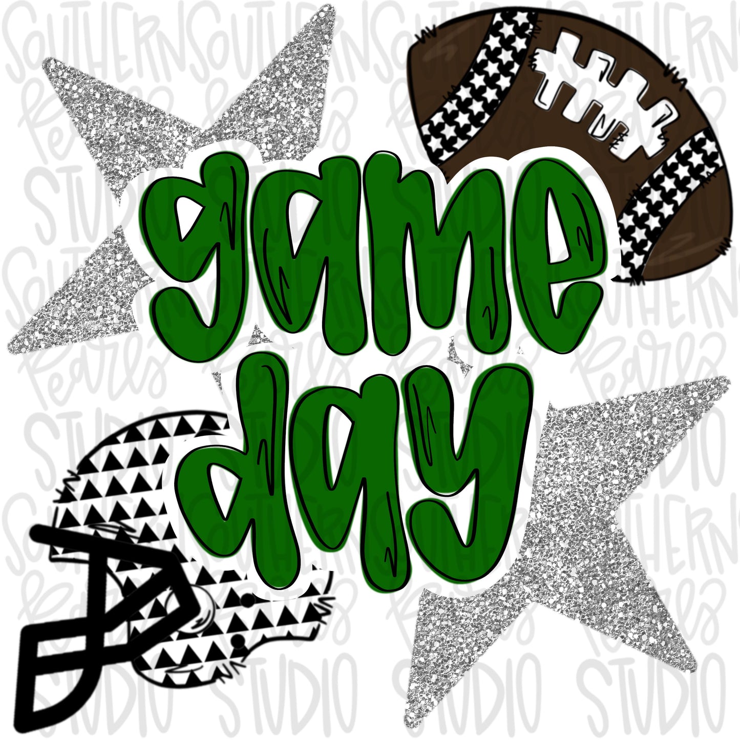 Game Day Football and helmet | green with silver stars | Go Team | PNG | Sublimation | Design Download