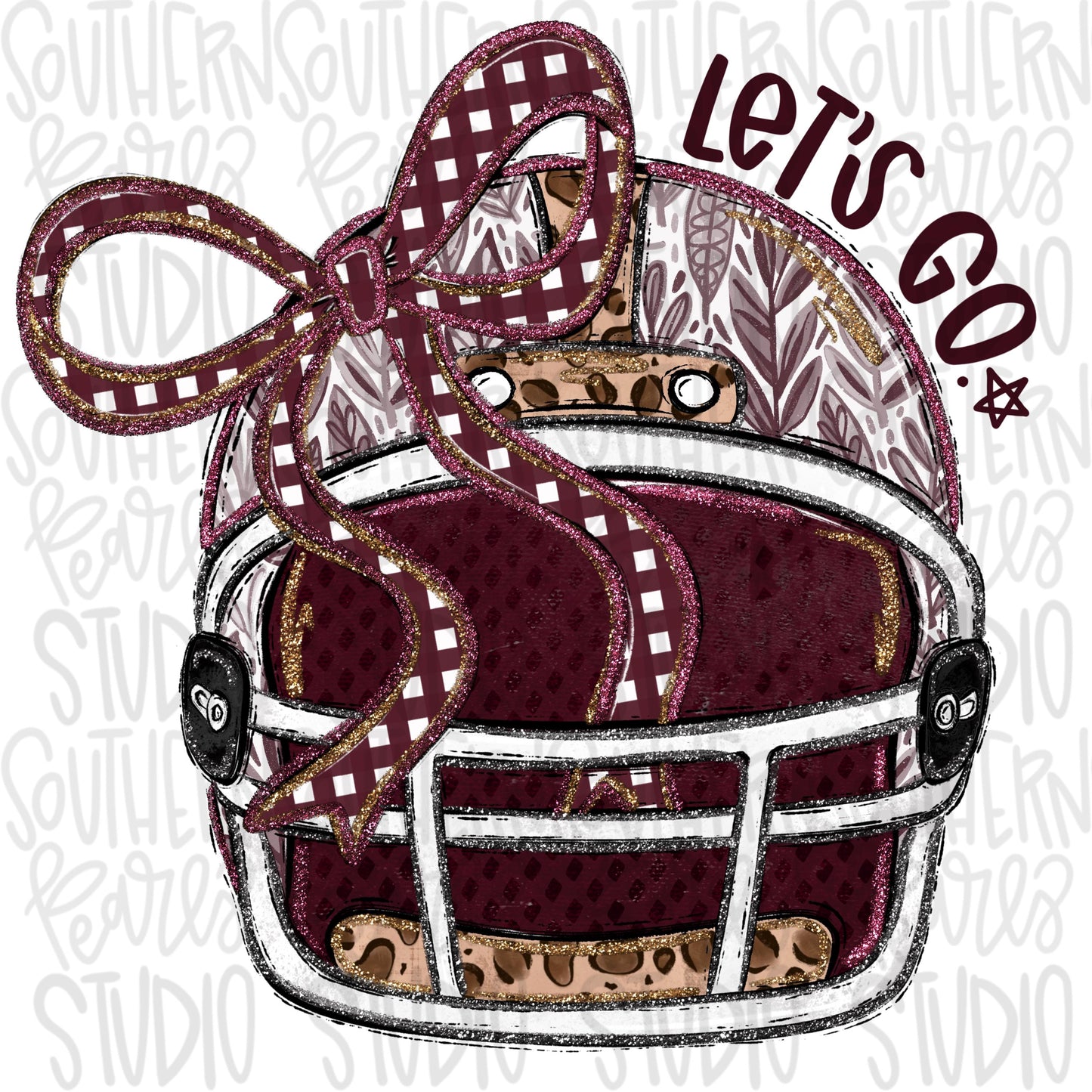 Helmet with bow | Maroon and White | leopard and glitter | Lets Go | Go Team | PNG | Sublimation | Design Download