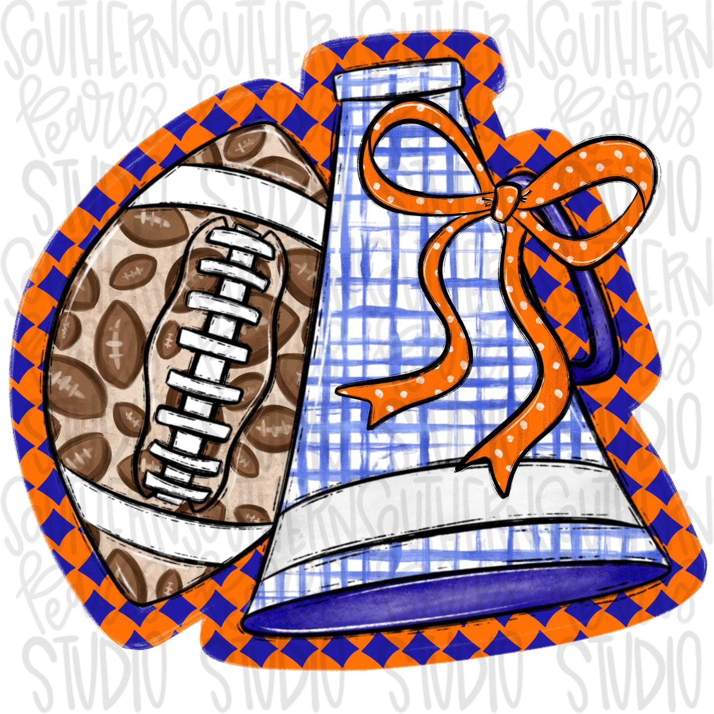 Football and Megaphone with bow | Royal and Orange | leopard and check | Go Team | PNG | Sublimation | Design Download