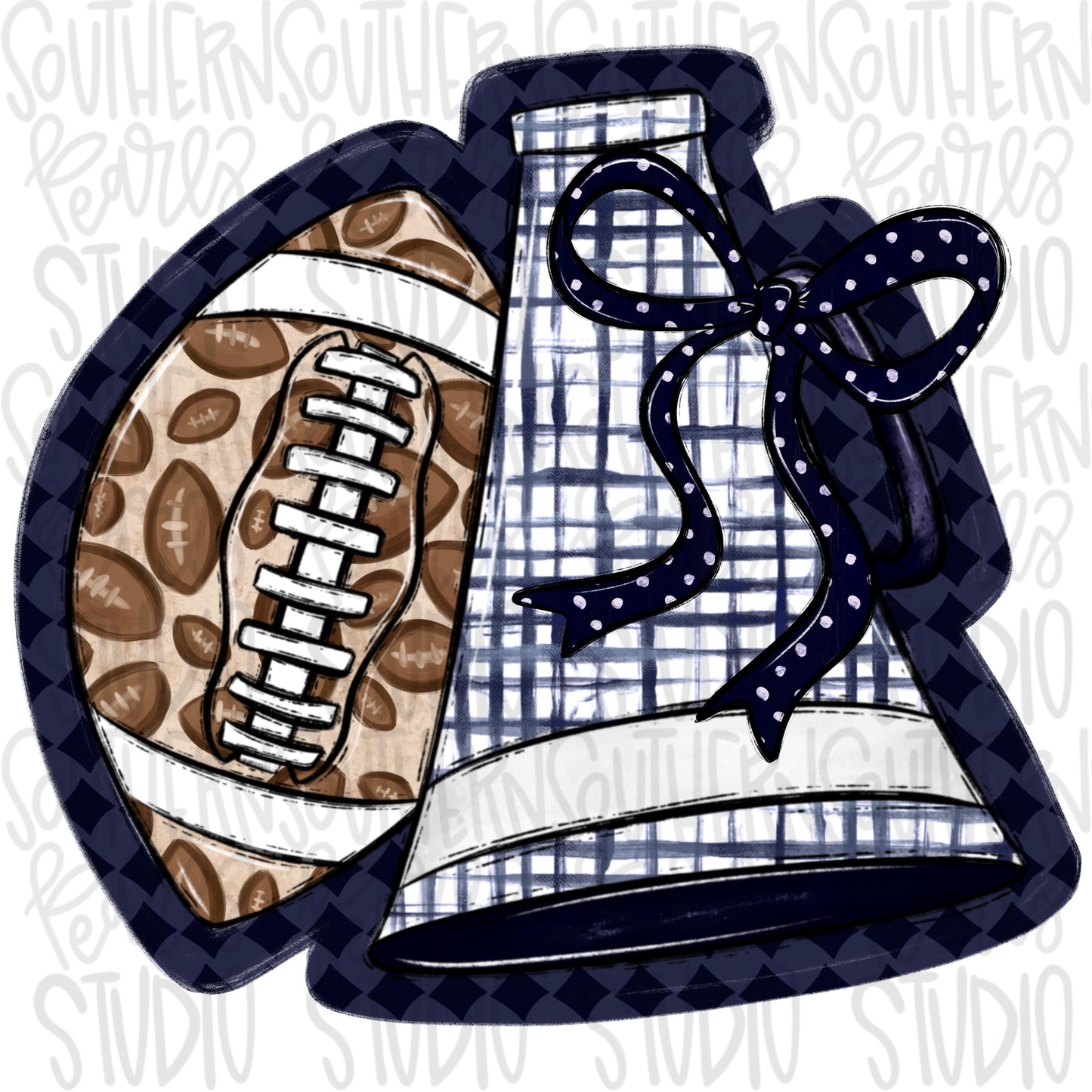 Football and Megaphone with bow | Navy and white | leopard and check | Go Team | PNG | Sublimation | Design Download