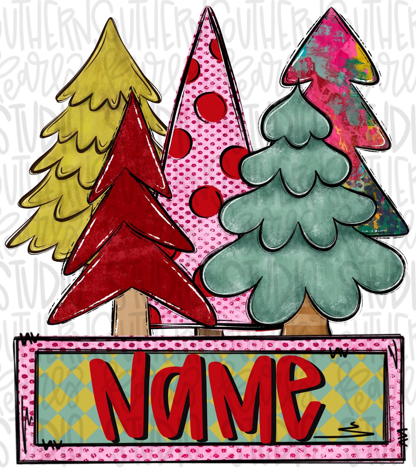 Christmas tree farm with name patch bright colors girly Sublimation Design: PNG (Digital Download)