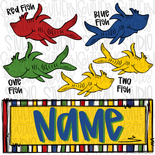 Red fish and blue fish with name patch | PNG files| Sublimation Design | Digital Download | Women’s, Kids Shirt PNG SVG