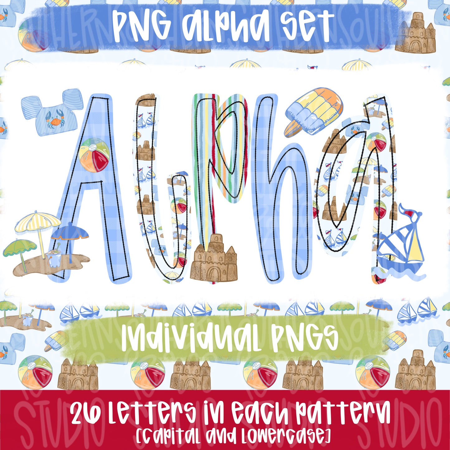 Jubilee Alpha Set boy | summer alpha, beach alpha, striped alpha, gingham alpha | PNG Font | Sublimation Design | Digital Download