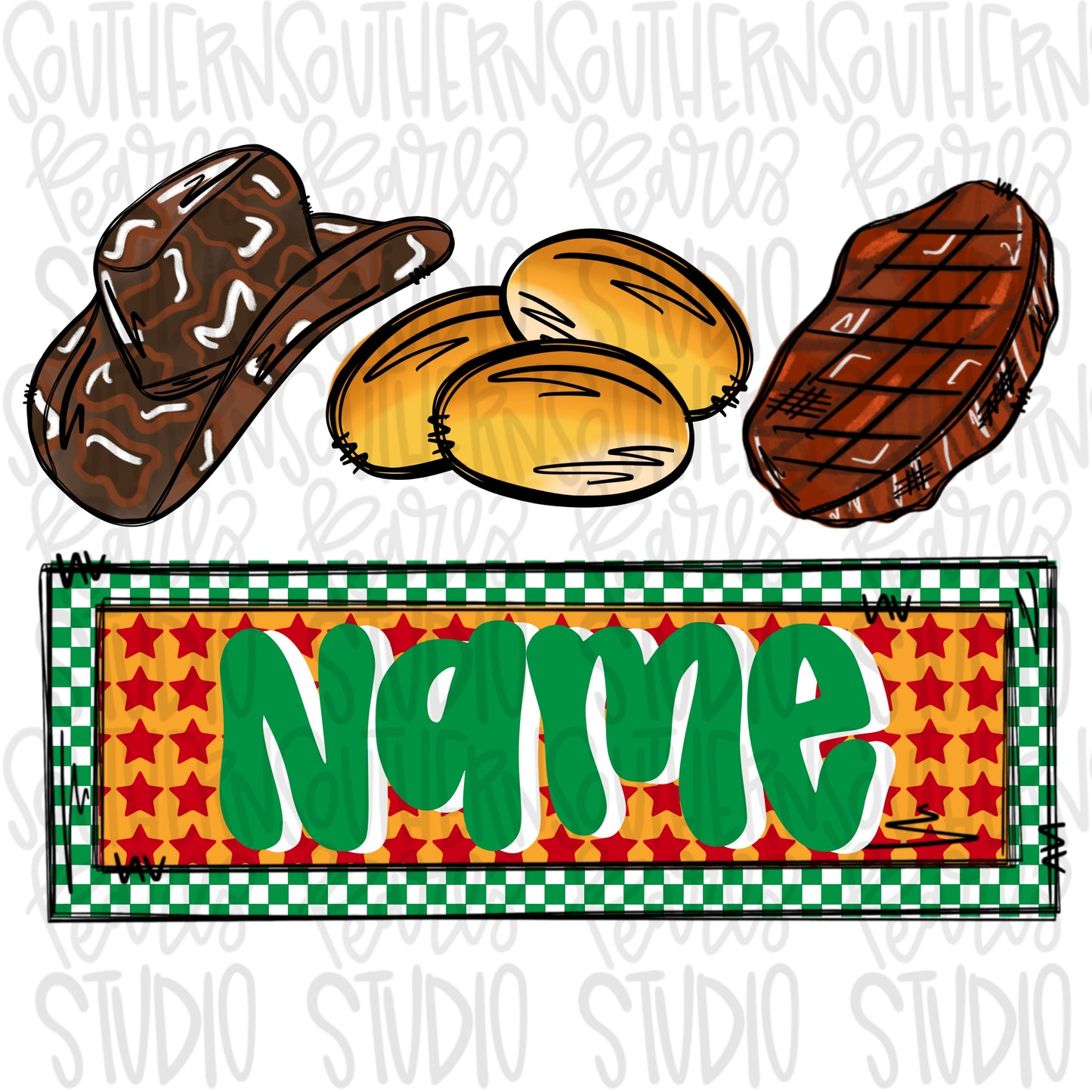 Cowboy hat, rolls and steak trio with name patch | Sublimation Design | Digital Download | Women’s, Kids Shirt PNG