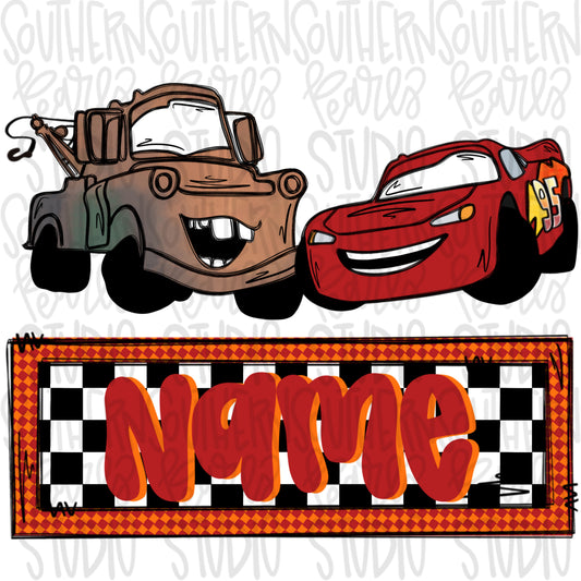 Racing car and tow truck with Name Patch | PNG files| Sublimation Design | Digital Download | Women’s, Kids Shirt PNG SVG