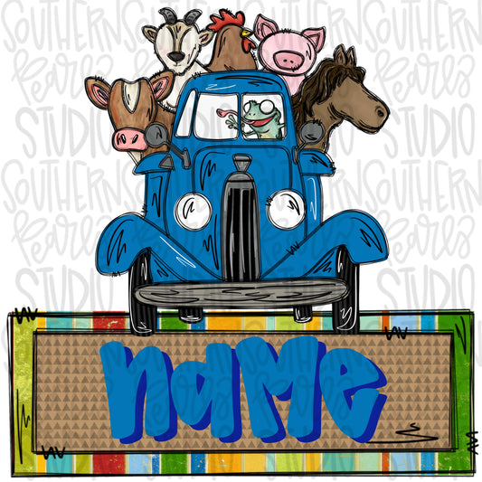 Blue Truck and animals with name patch | PNG files| Sublimation Design | Digital Download | Women’s, Kids Shirt PNG SVG