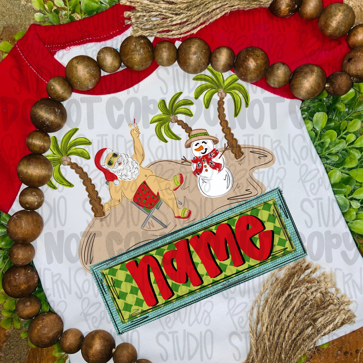 Santa and snowman on the beach with name patch | Christmas | Sublimation Design | Digital Download | Women’s, Kids Shirt PNG