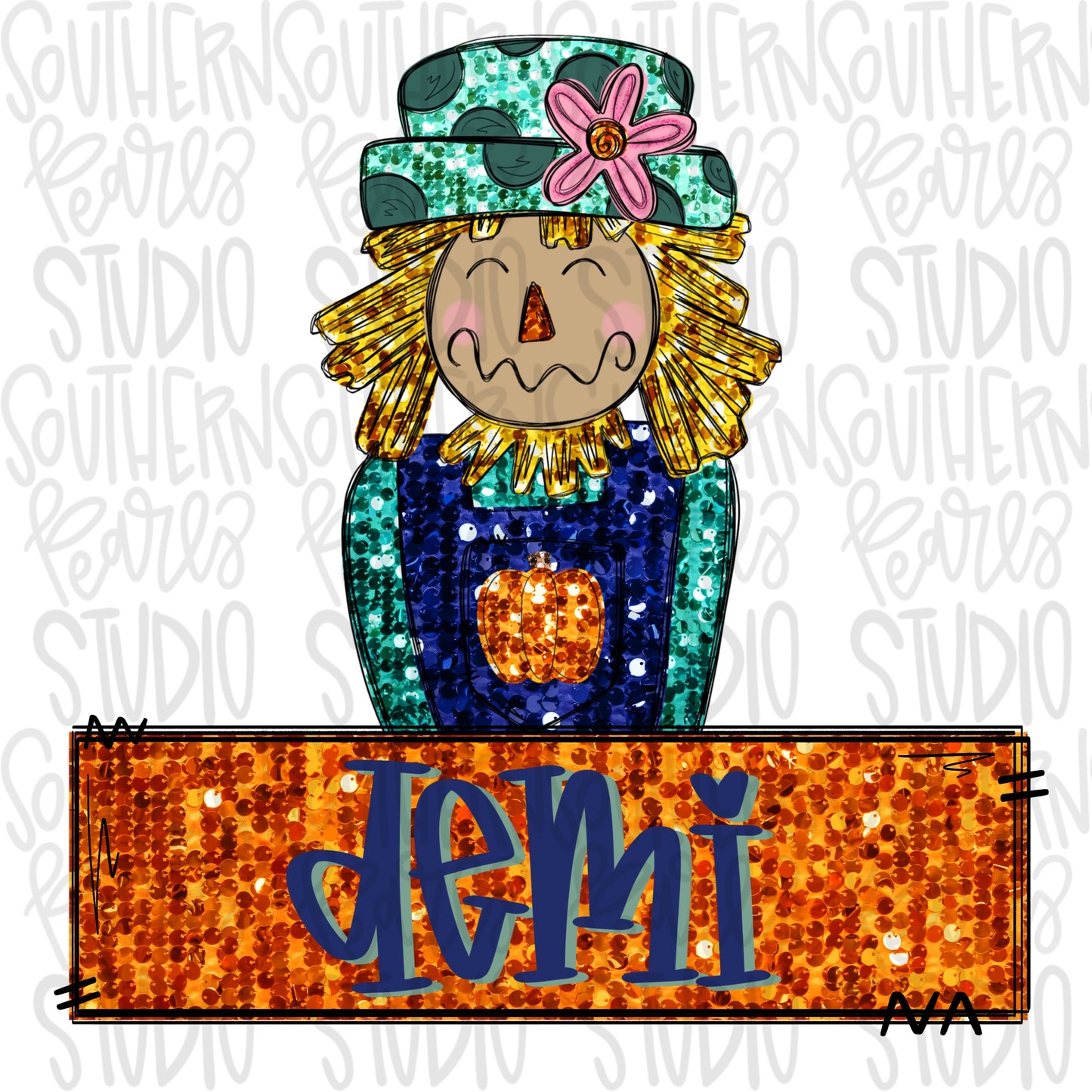 Sequin Scarecrow with Name Patch | Sublimation Design | Digital Download | Women’s, Kids Shirt PNG