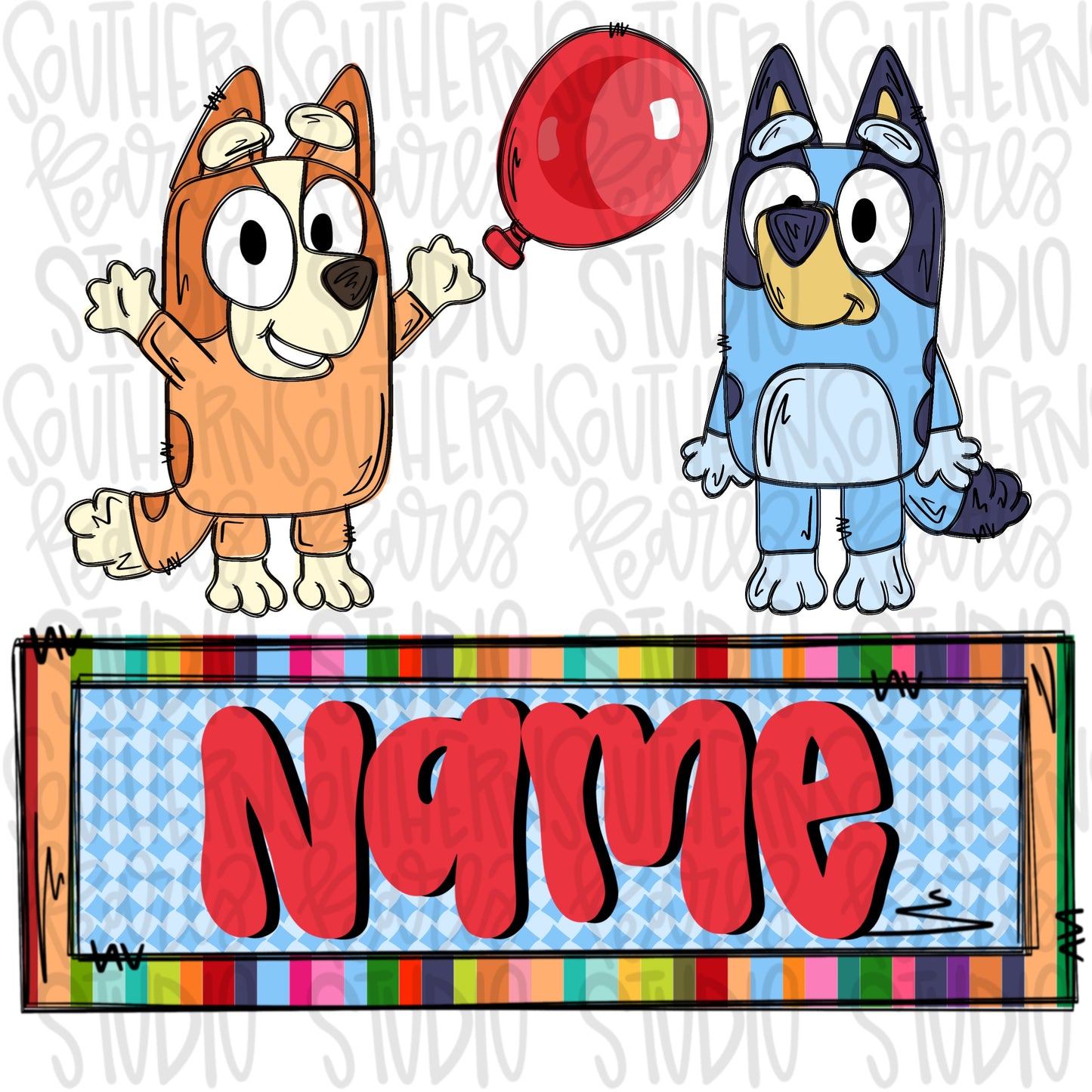 Blue and orange dogs with balloon and Name Patch | PNG files| Sublimation Design | Digital Download | Women’s, Kids Shirt PNG SVG