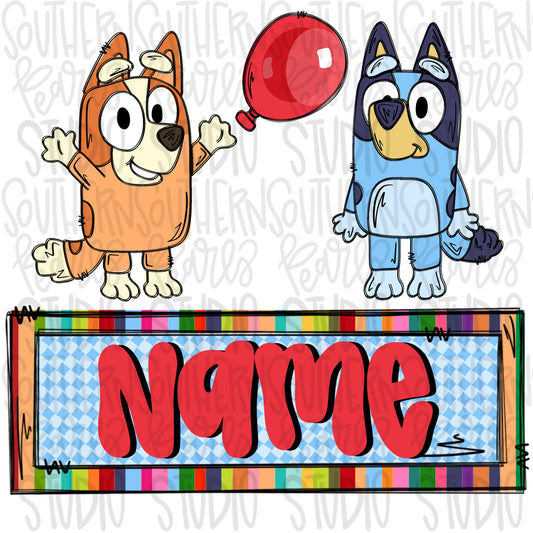 Blue and orange dogs with balloon and Name Patch | PNG files| Sublimation Design | Digital Download | Women’s, Kids Shirt PNG SVG