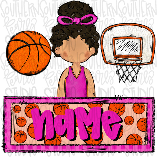 Basketball trio with name patch | basketball girl hoop post | biracial with curly hair  | Sublimation Design | Digital Download | Women’s, Kids Shirt PNG