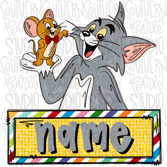 Mouse and cat with name patch | Sublimation Design | Digital Download | Women’s, Kids Shirt PNG (Copy)