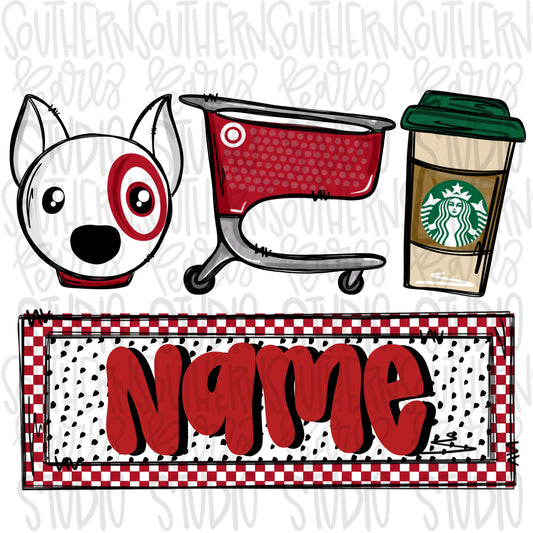 Dog, shopping cart and coffee trio with name patch | Sublimation Design | Digital Download | Women’s, Kids Shirt PNG