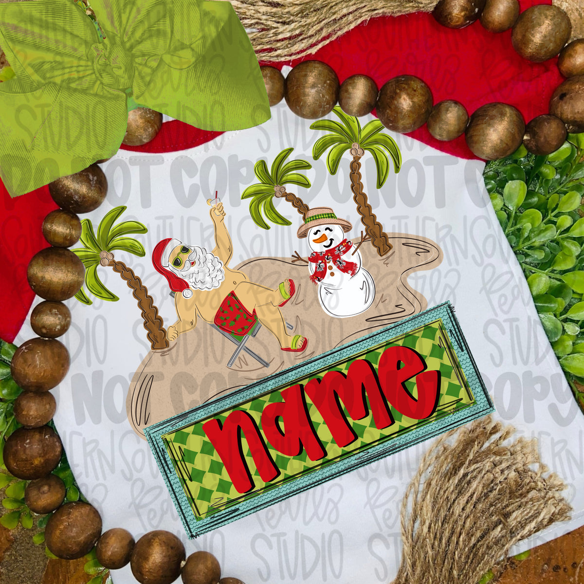 Santa and snowman on the beach with name patch | Christmas | Sublimation Design | Digital Download | Women’s, Kids Shirt PNG