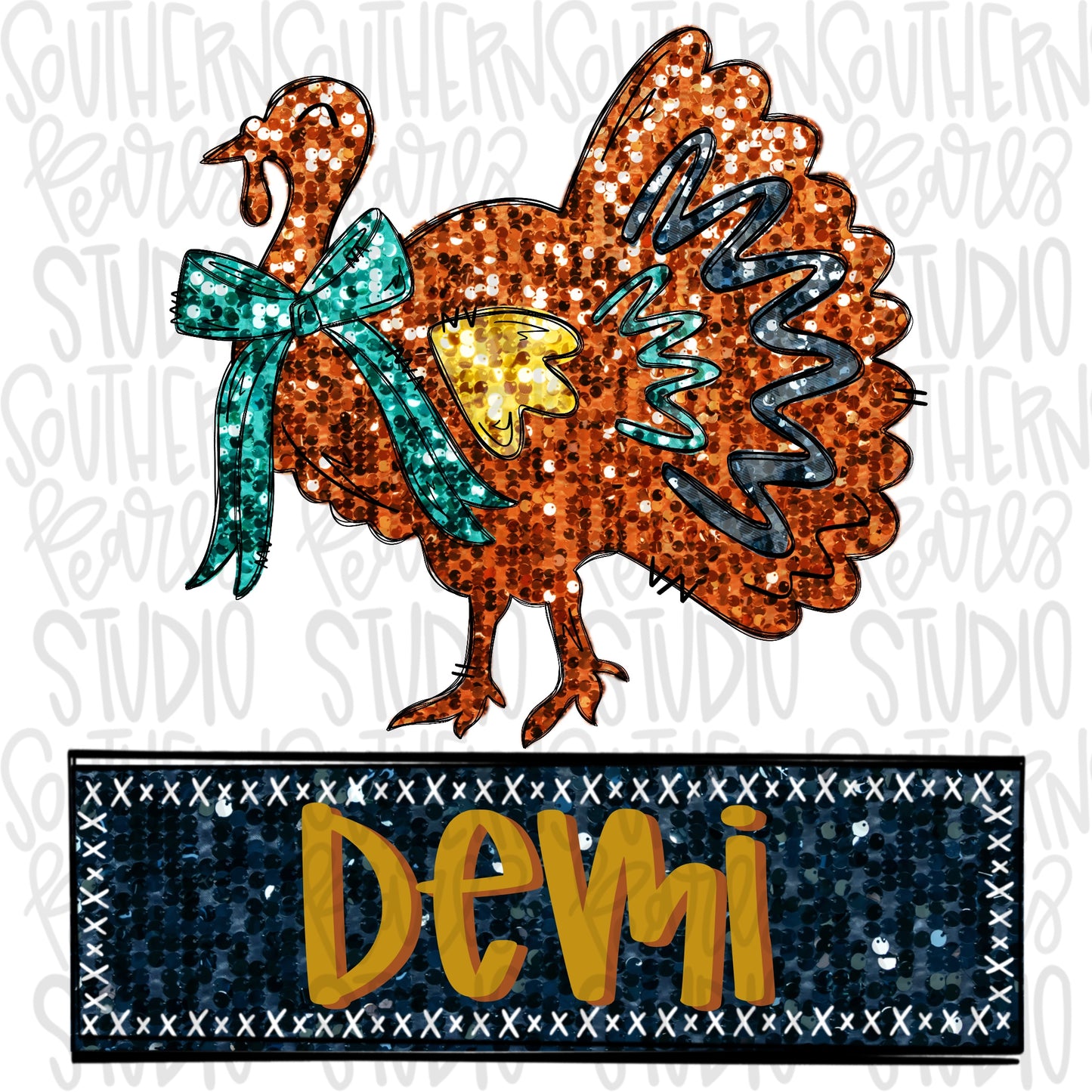 Sequin Turkey with Name Patch | Sublimation Design | Digital Download | Women’s, Kids Shirt PNG