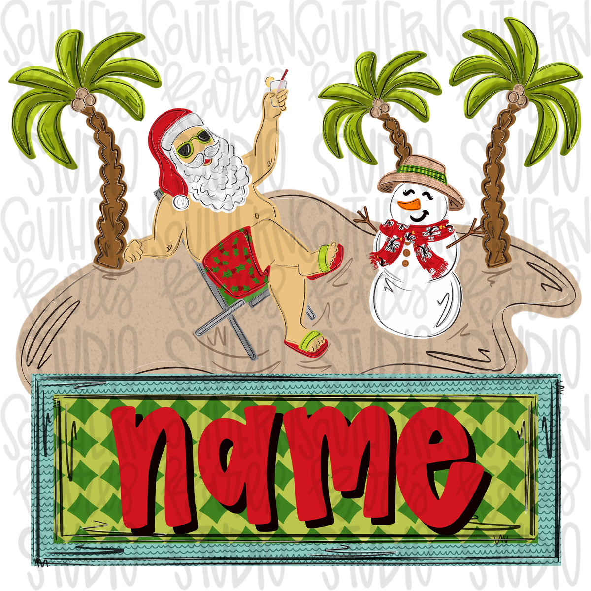 Santa and snowman on the beach with name patch | Christmas | Sublimation Design | Digital Download | Women’s, Kids Shirt PNG