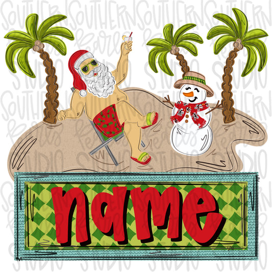 Santa and snowman on the beach with name patch | Christmas | Sublimation Design | Digital Download | Women’s, Kids Shirt PNG