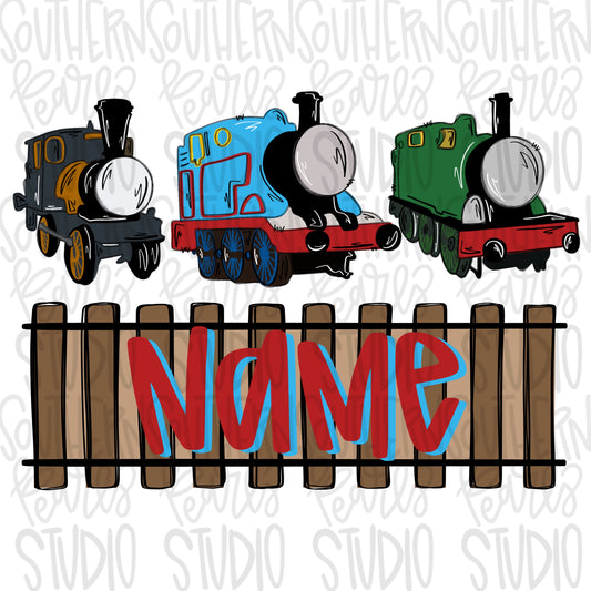 Trains trio with Name Patch | PNG files| Sublimation Design | Digital Download | Women’s, Kids Shirt PNG SVG