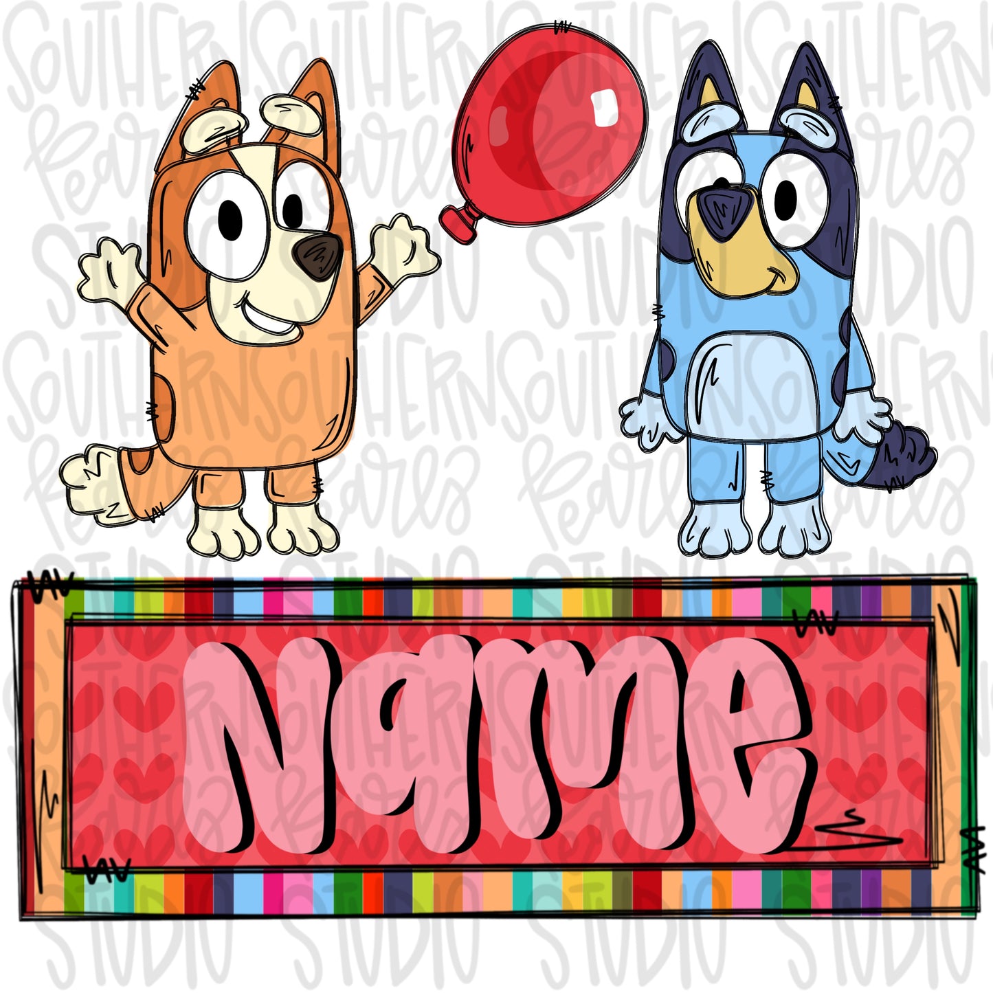 Blue and orange dogs with balloon and Name Patch girly | PNG files| Sublimation Design | Digital Download | Women’s, Kids Shirt PNG SVG