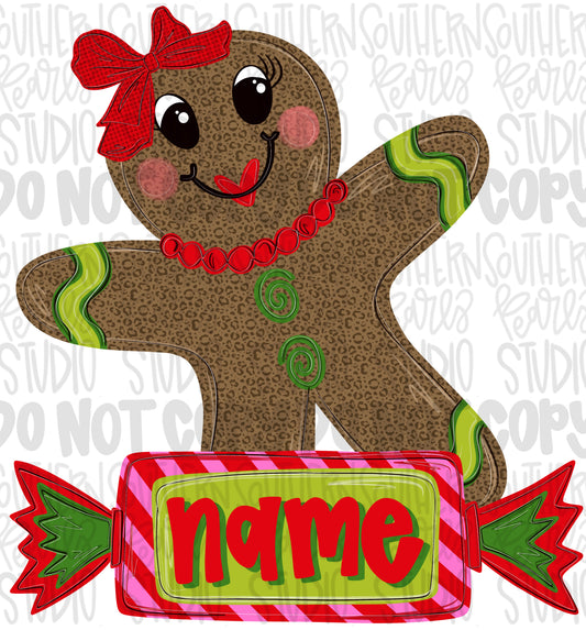 gingerbread girl with candy name patch | Christmas | Sublimation Design | Digital Download | Women’s, Kids Shirt PNG