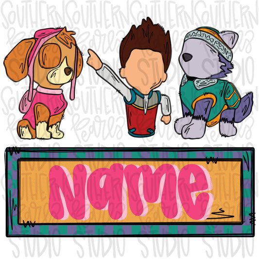 Puppies girl patrol trio with Name Patch | PNG files| Sublimation Design | Digital Download | Women’s, Kids Shirt PNG SVG