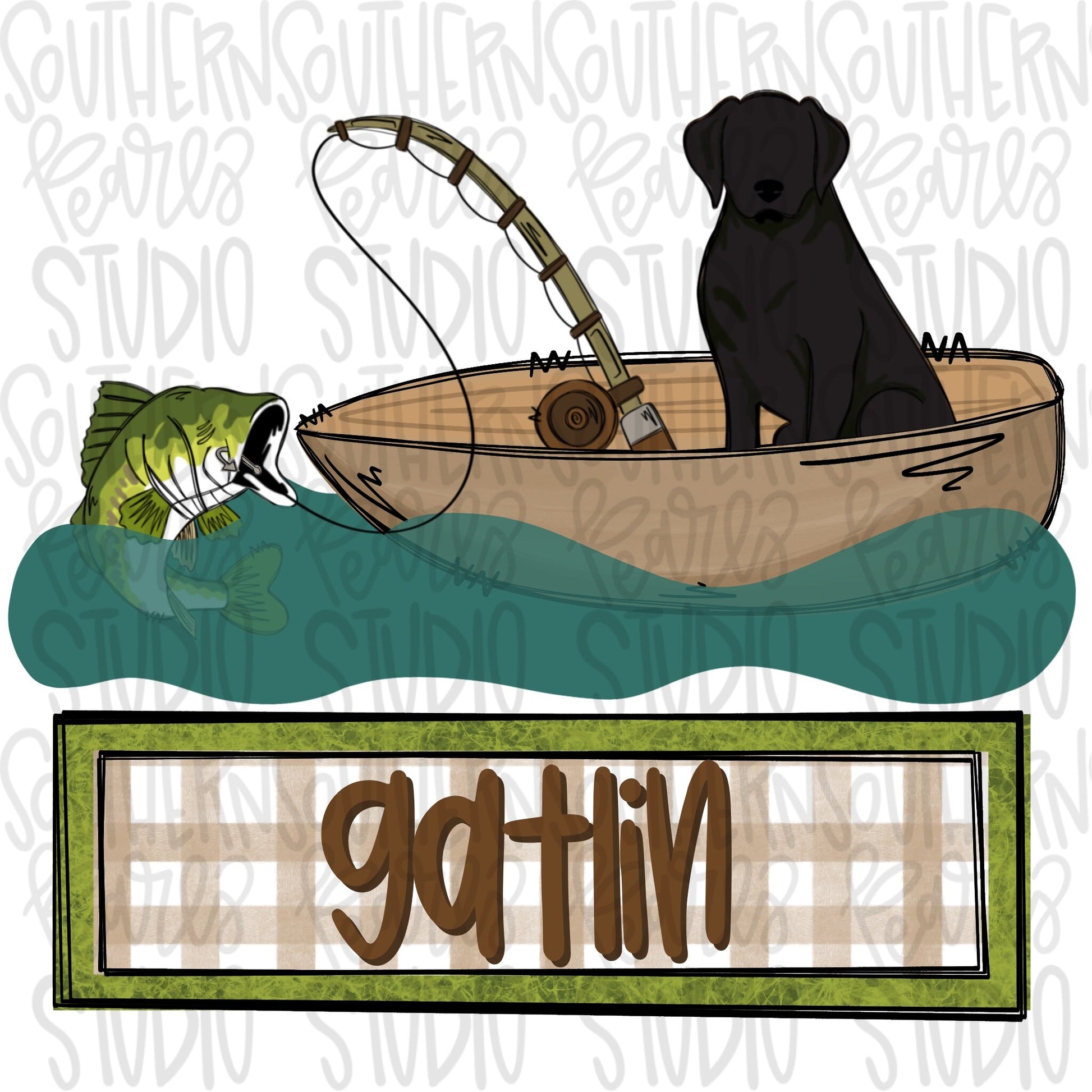 Bass Fishing with Black Lab in boat name plate | Sublimation Design | Digital Download | Women’s, Kids Shirt PNG