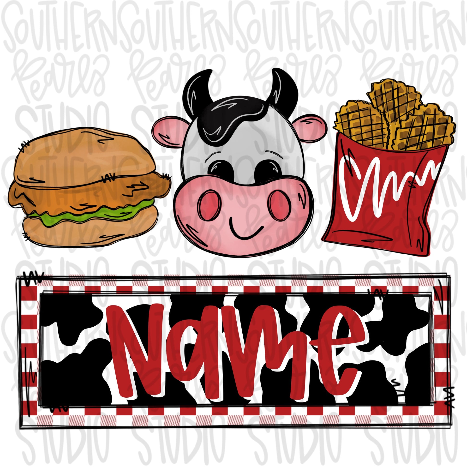 Chicken sandwich cow fries with Name Patch boy | 2 PNG files| Sublimation Design | Digital Download | Women’s, Kids Shirt PNG SVG