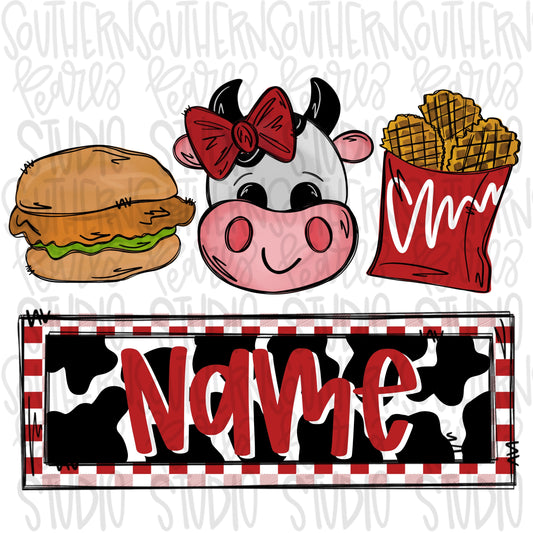 Chicken sandwich cow fries with Name Patch girl | 2 PNG files| Sublimation Design | Digital Download | Women’s, Kids Shirt PNG SVG