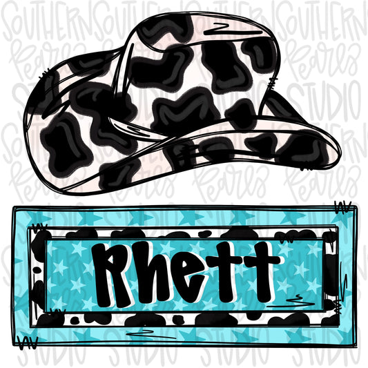 Cowboy hat with Name Patch Cow Print | Western | Country | Sublimation Design | Digital Download | Women’s, Kids Shirt PNG