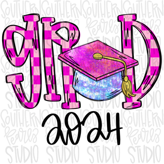 GRAD pink letters colorful Graduation cap 2024 | Senior Preschool Kindergarten |Sublimation Design|Digital Download| Women’s, Kids Shirt PNG