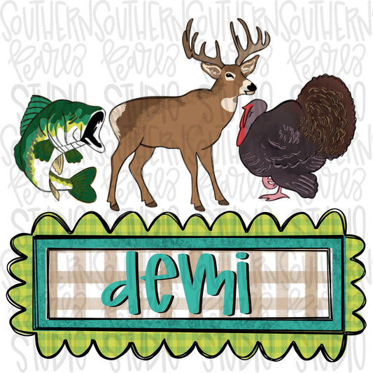 Bass, Buck and Turkey GIRLY hunting name plate | Sublimation Design | Digital Download | Women’s, Kids Shirt PNG