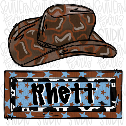 Cowboy hat with Name Patch Brown Cow Print | Western | Country | Sublimation Design | Digital Download | Women’s, Kids Shirt PNG